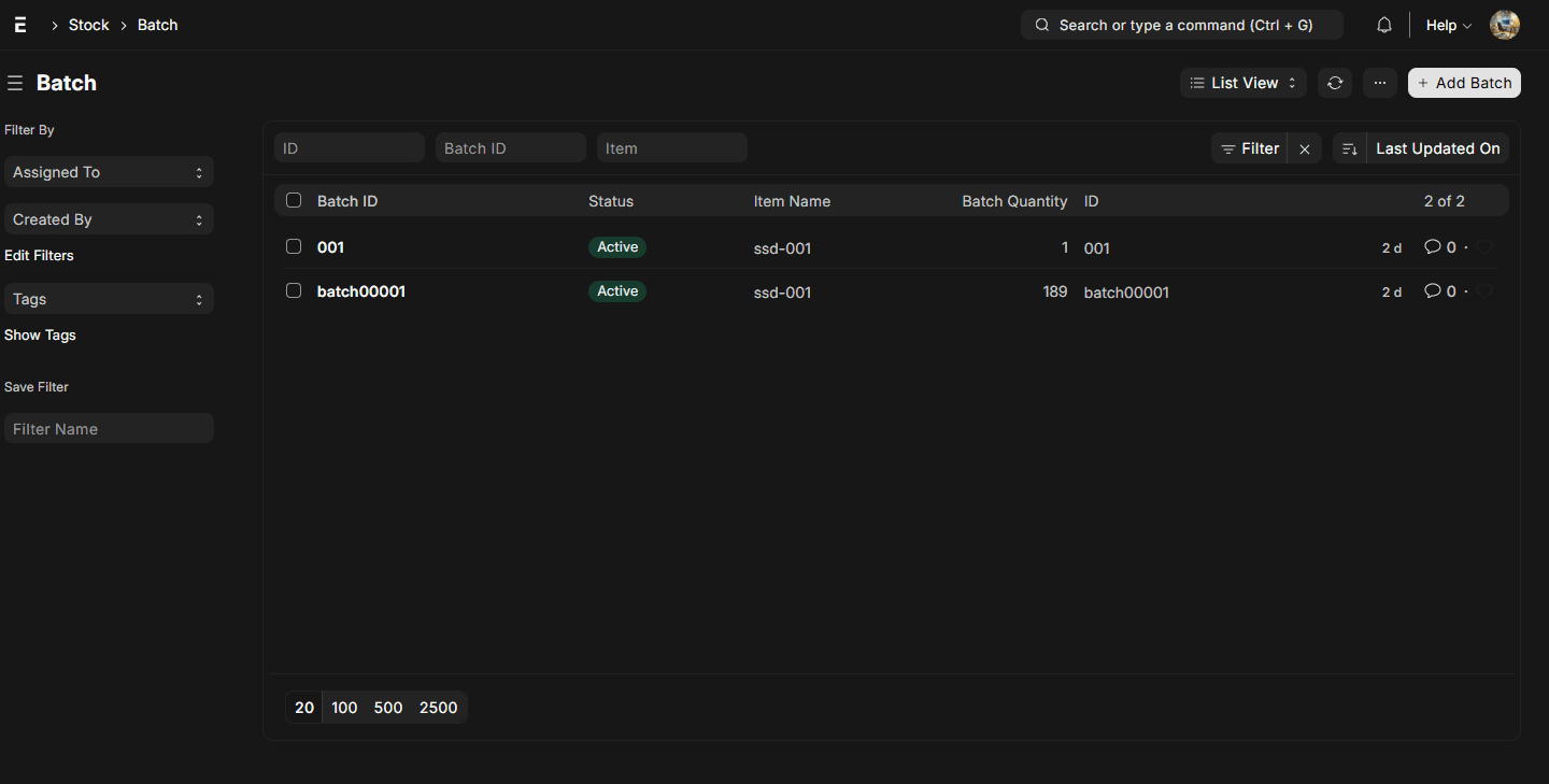 Batch Management Dark Mode