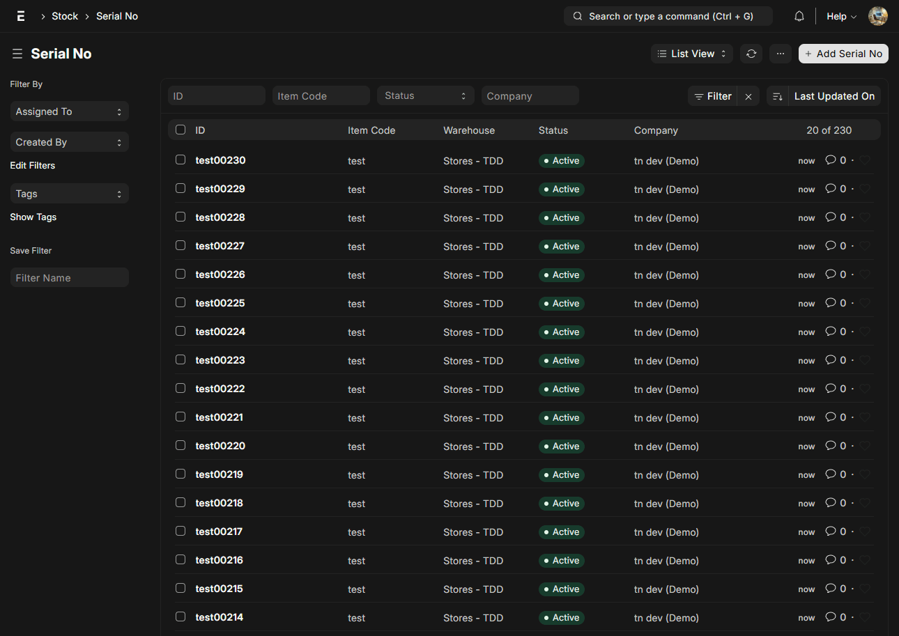 Serialized Inventory Dark Mode