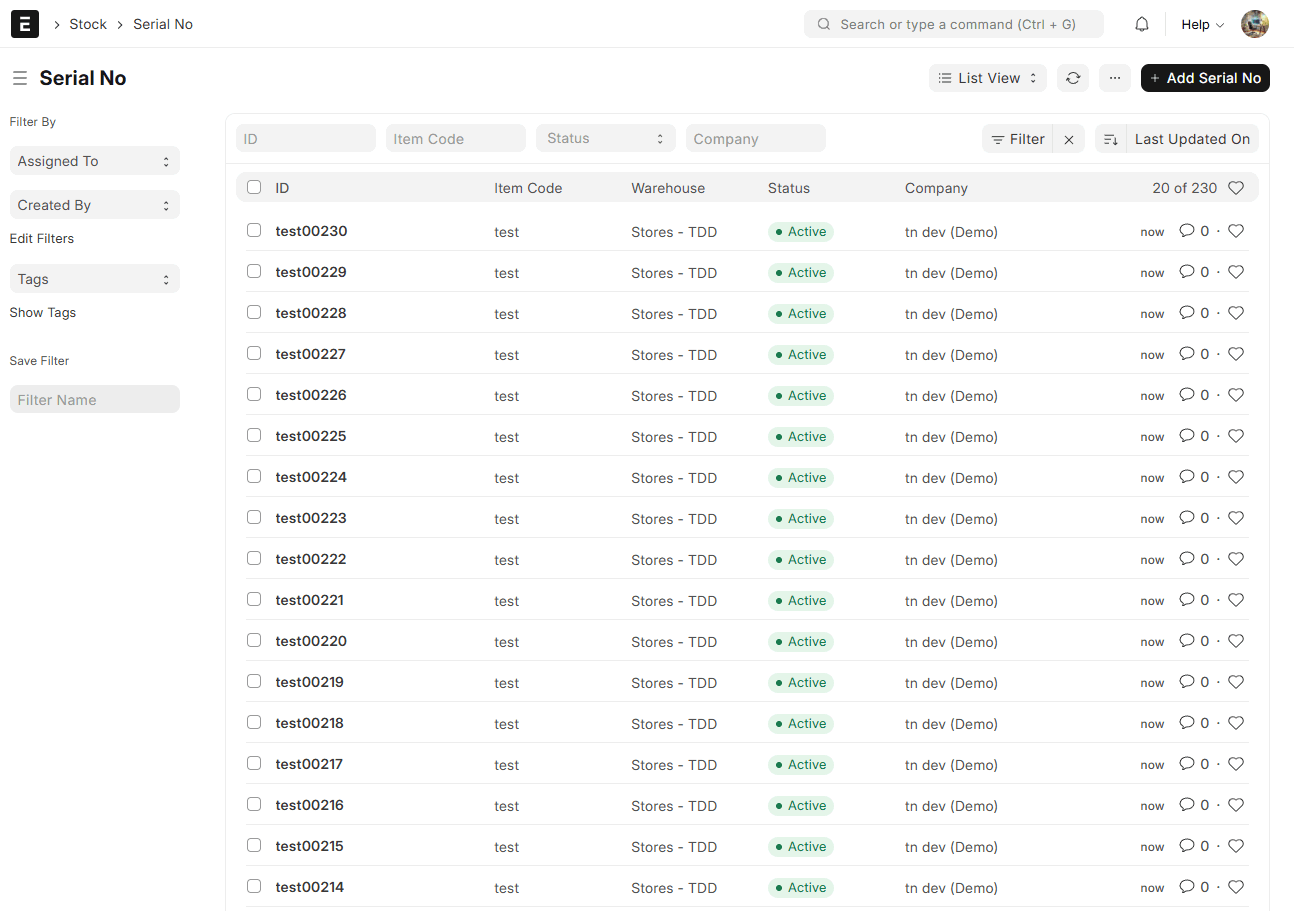 Serialized Inventory Light Mode